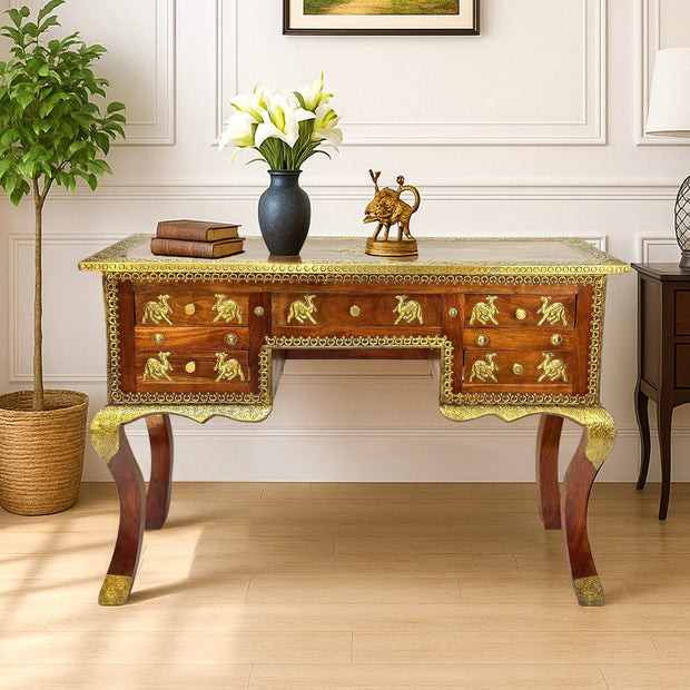 Real Sheesham Wood Desk and Writing Table with Brass Fitted Work UAE