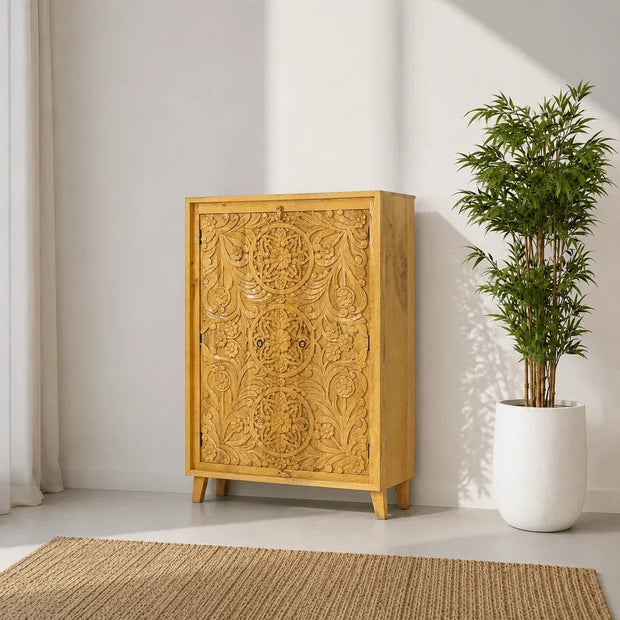 Natural Finish Mango Wood Accent Cabinet with Storage | Handcrafted Solid Wood Cabinet for UAE Homes