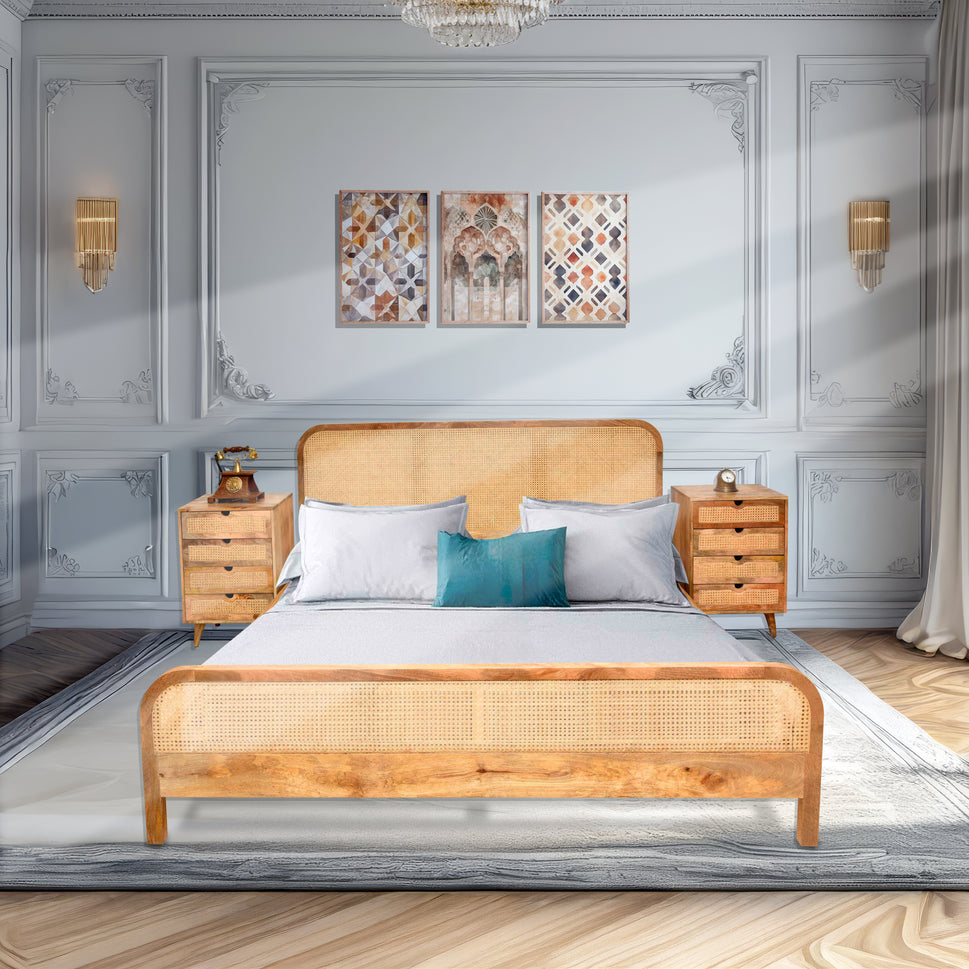 Premium handicrafted solid wood bed with bed side with rattan work