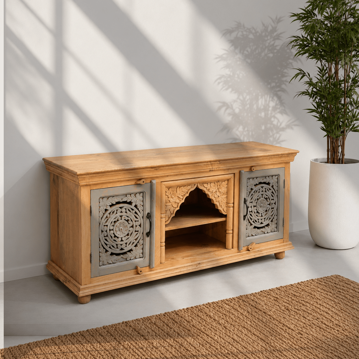 Elegant Wooden TV Stand with Carved Doors & Shelves UAE | Dubai