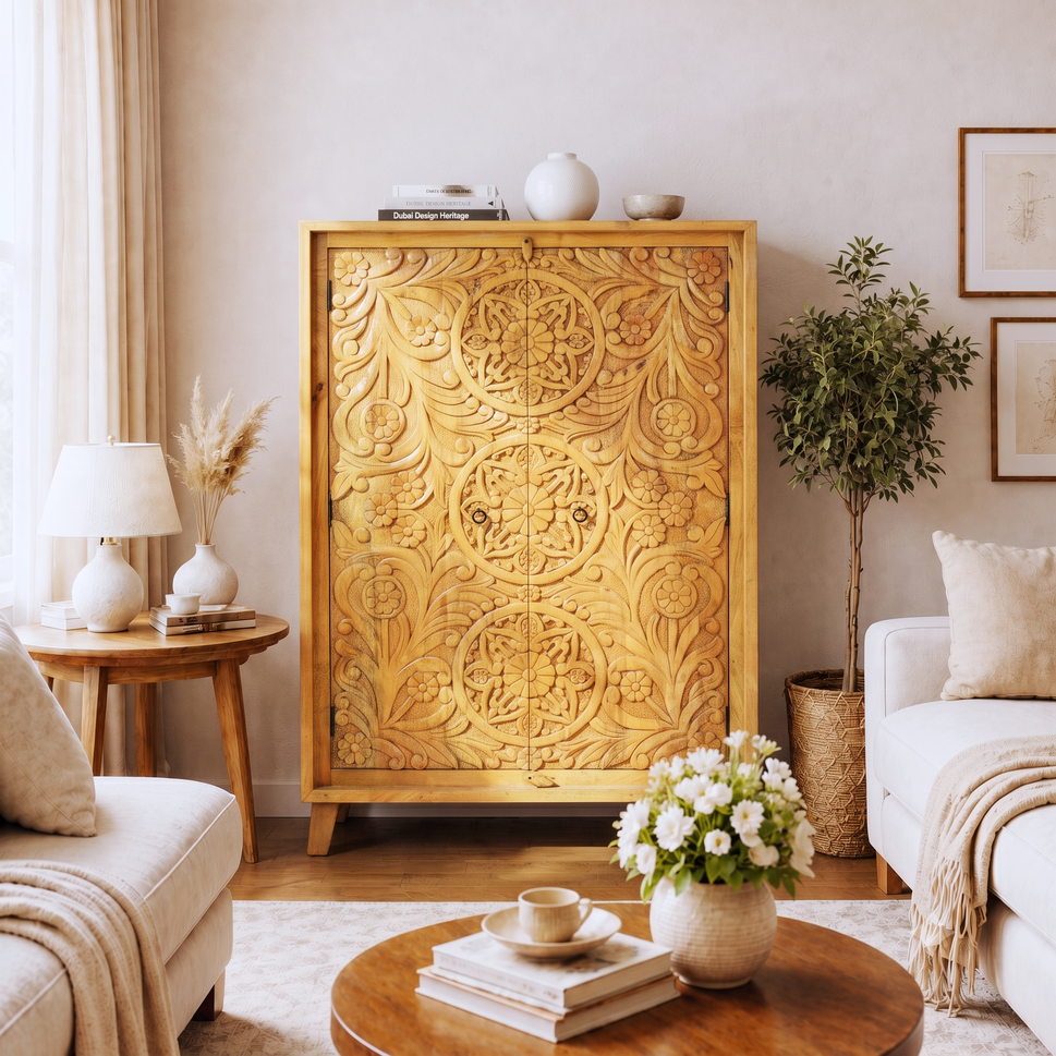Elegant Hand Carved Mango Wood Accent Cabinet with natural wood finish
