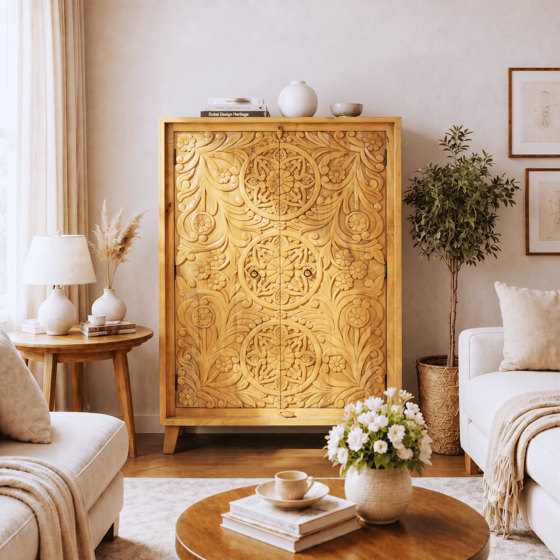 Elegant Hand Carved Mango Wood Accent Cabinet with natural wood finish