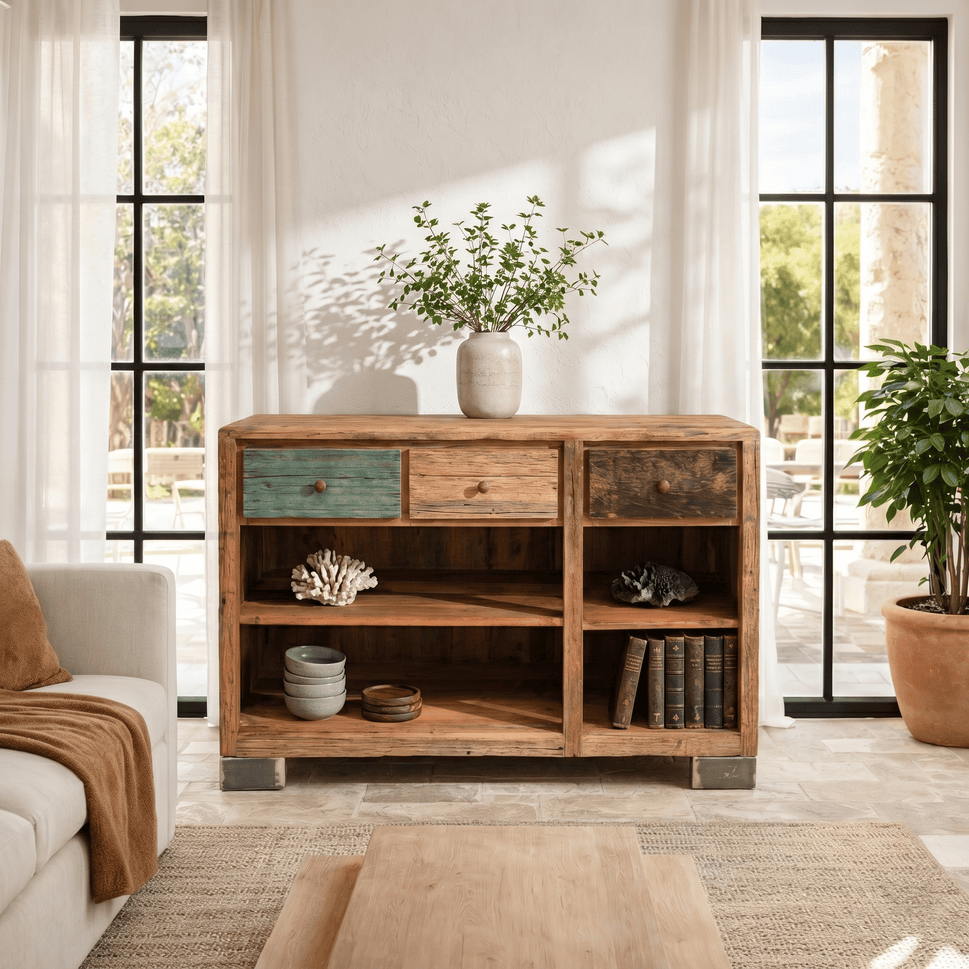 The Verona Reclaimed Wood Vintage Industrial console with open storage unit