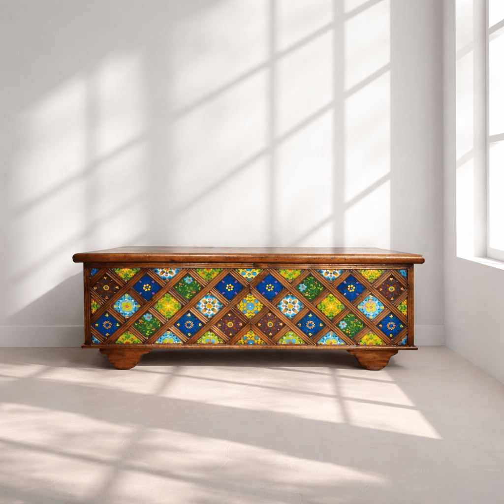 Wooden trunk with storage box with tiles work
