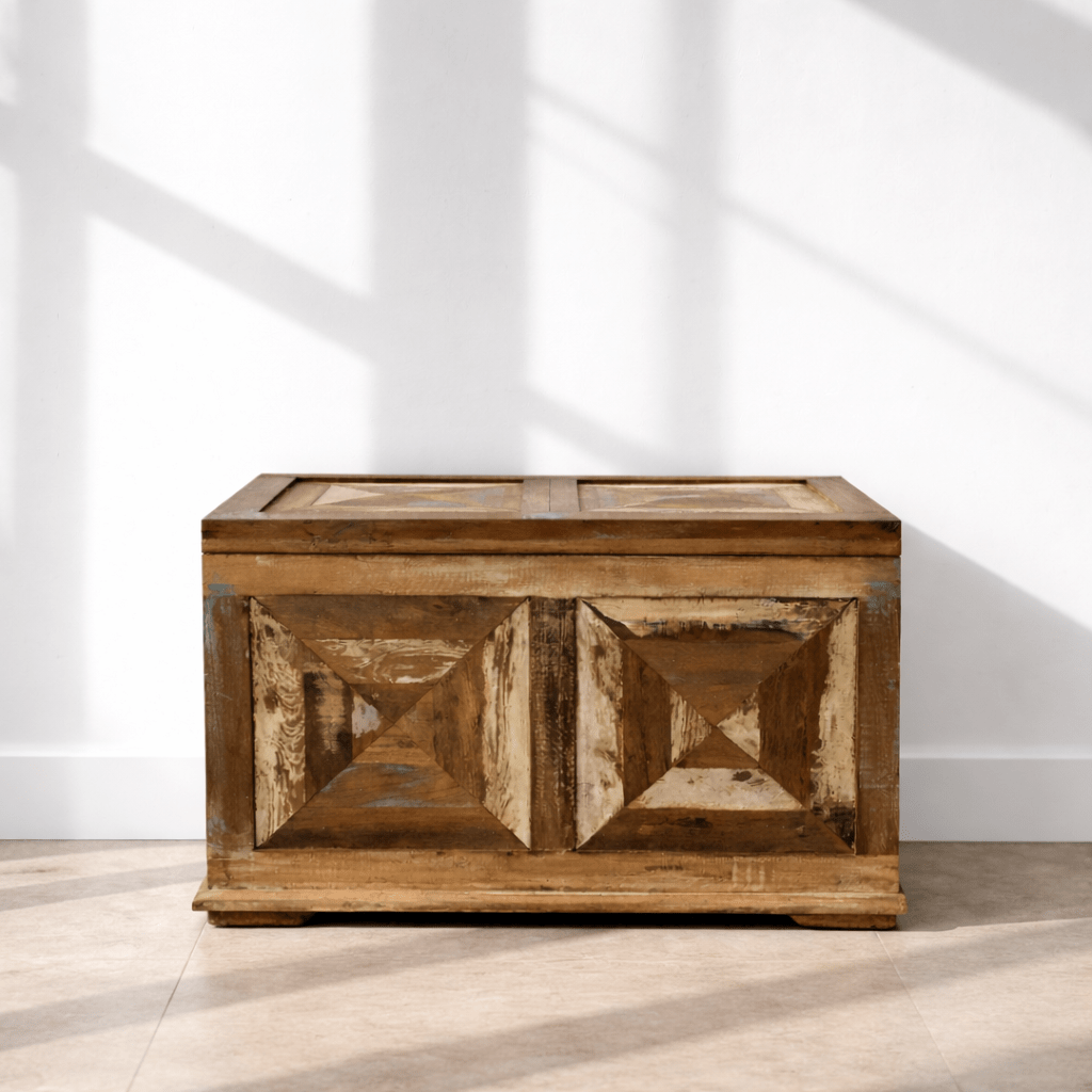 Wooden real antique storage trunk with rustic finish