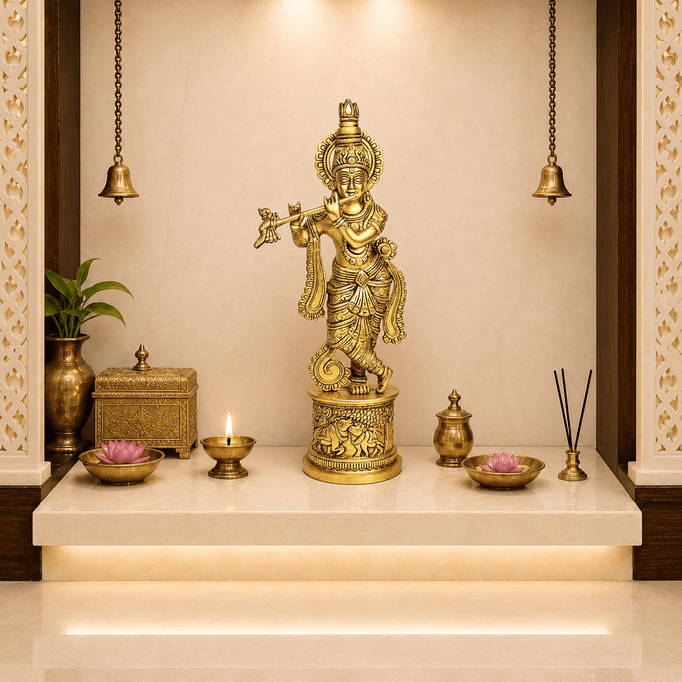 Divine Brass Krishna Flute Statue – Intricate Handmade Carving