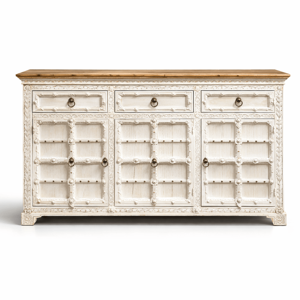 Indian solid wood sideboard with 4 doors with white rustic finish