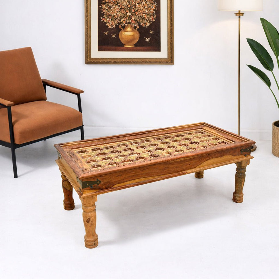 Indian Solid Wood Coffee Table with Hand Carving