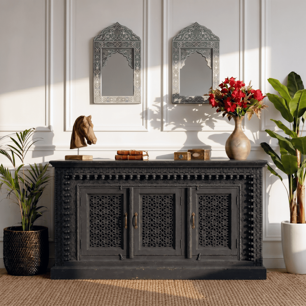 Vintage Style White Wooden Credenza with Lattice Panels