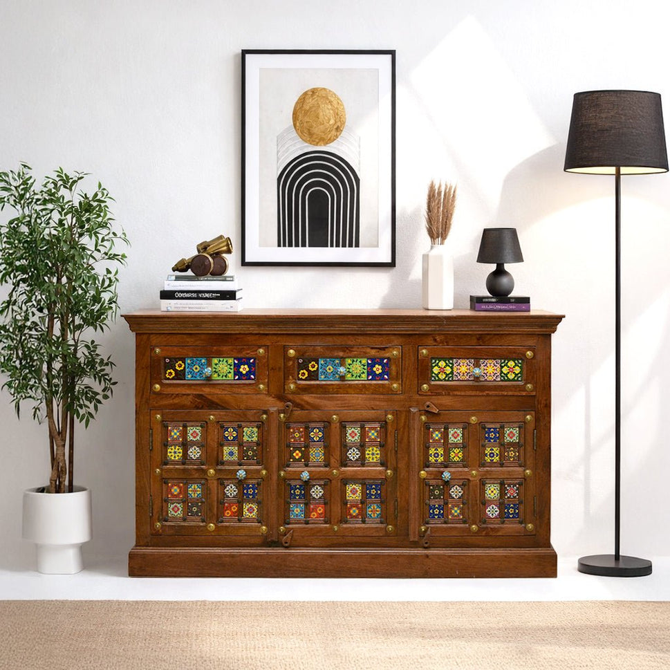 Bohemian Wooden Sideboard with Tile Work | Dubai