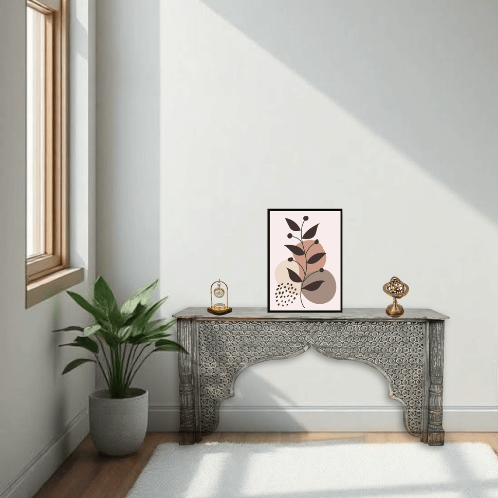Rustic Carved Wooden Console Table with Moorish Arch Design