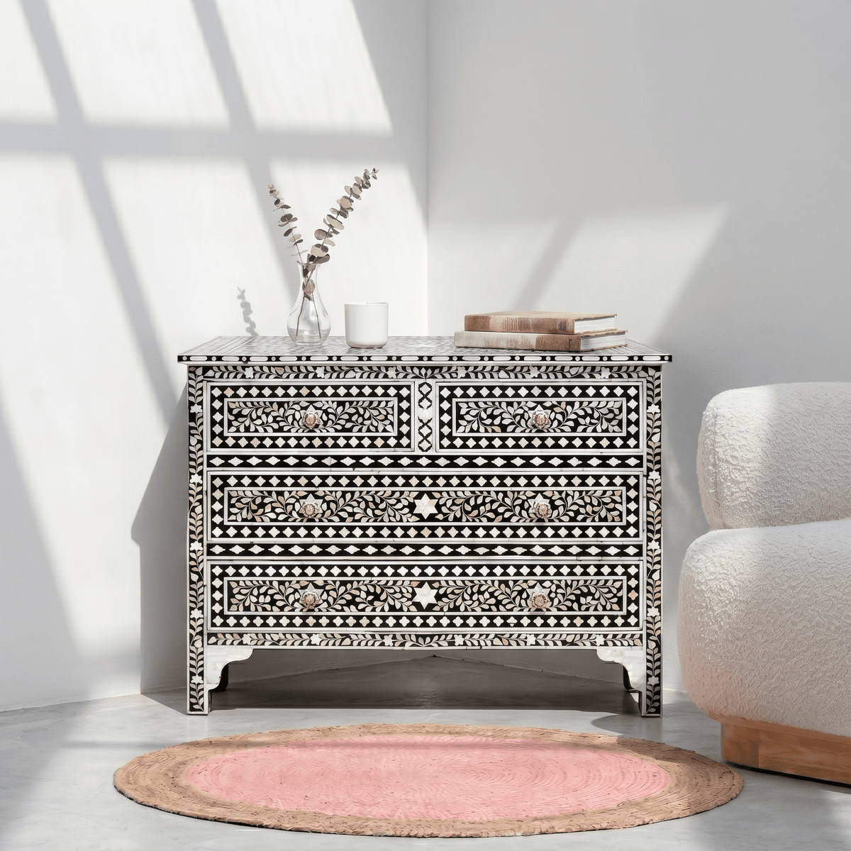 Yasmine Boho chic black & white dresser, bone inlay chest