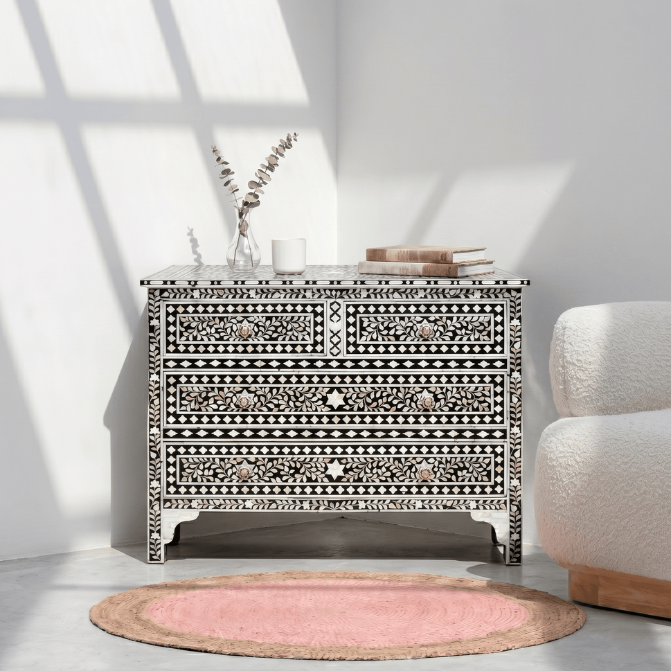 Yasmine Boho chic black & white dresser, bone inlay chest