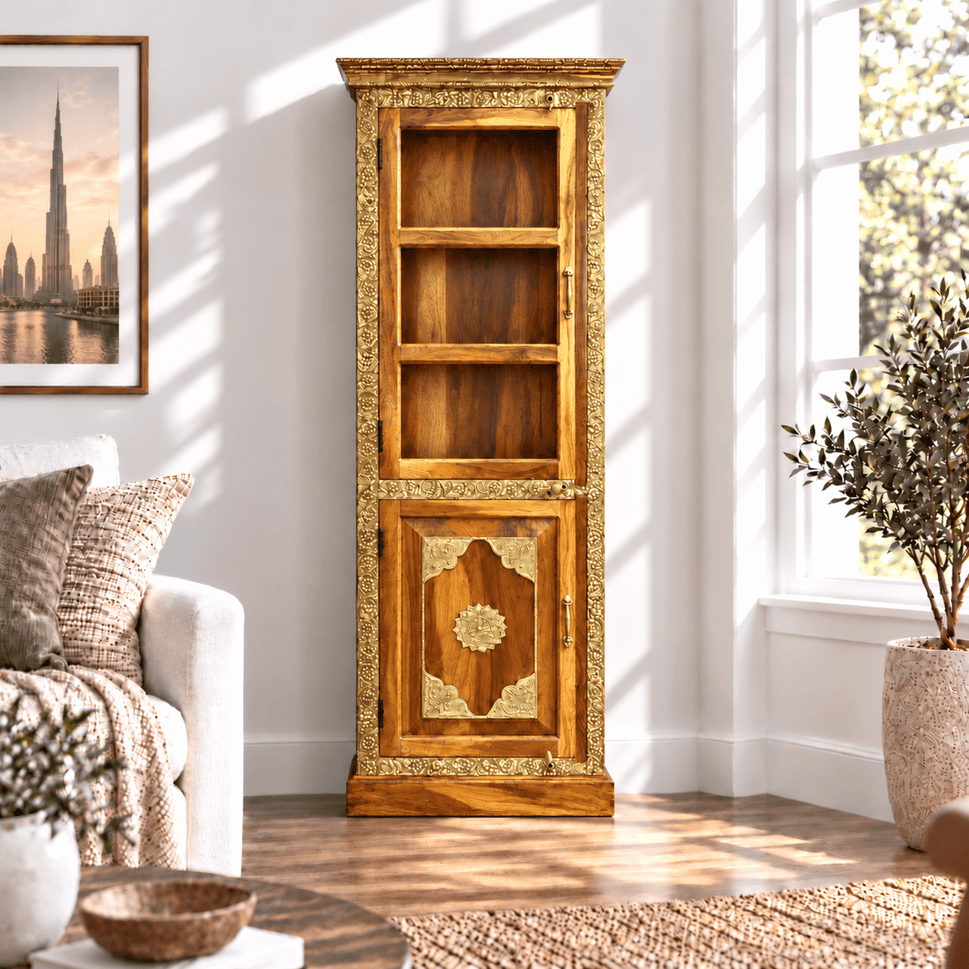 Handcrafted Teak wood Cabinet With Glass Brass