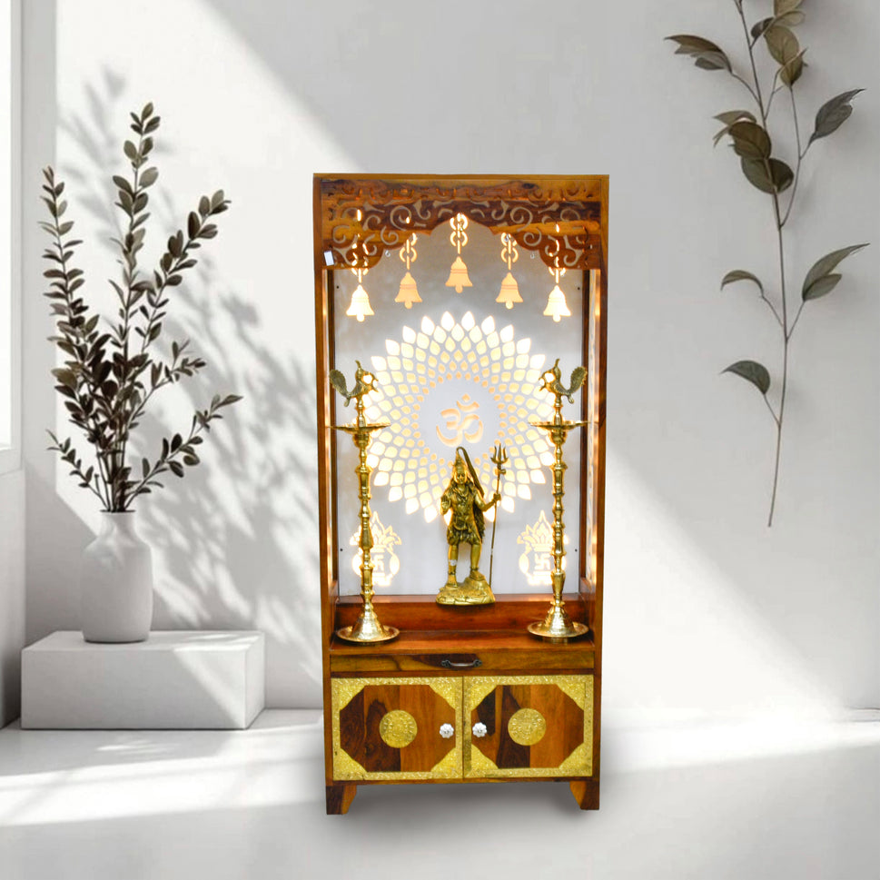 Wooden pooja cabinet with storage with wood natural finish