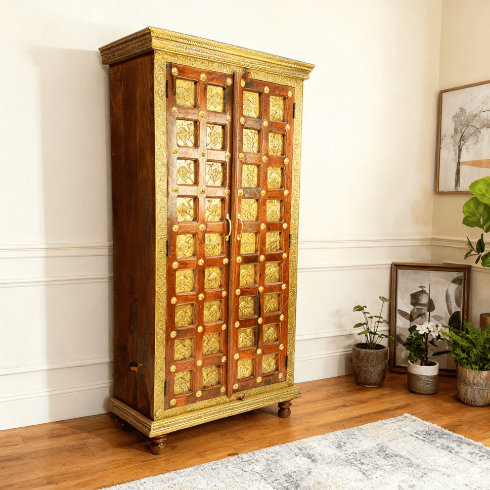 Indian solid wood cabinet with 2 doors with brass fitted work