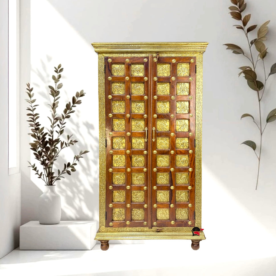 Indian solid wood cabinet with 2 doors with brass fitted work