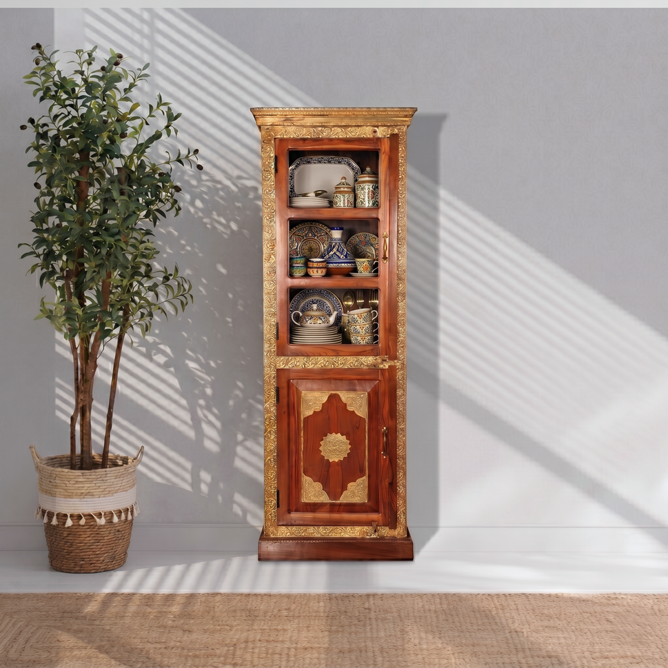 Handcrafted Wooden & Glass Brass Cabinet