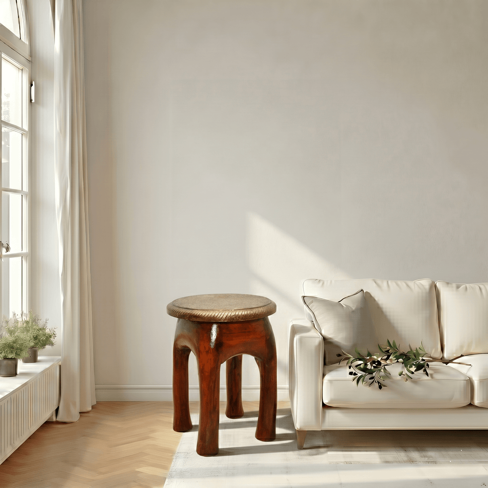 Handcrafted Brass Fitted Wooden Stool with Wood Color Finish | Dubai UAE