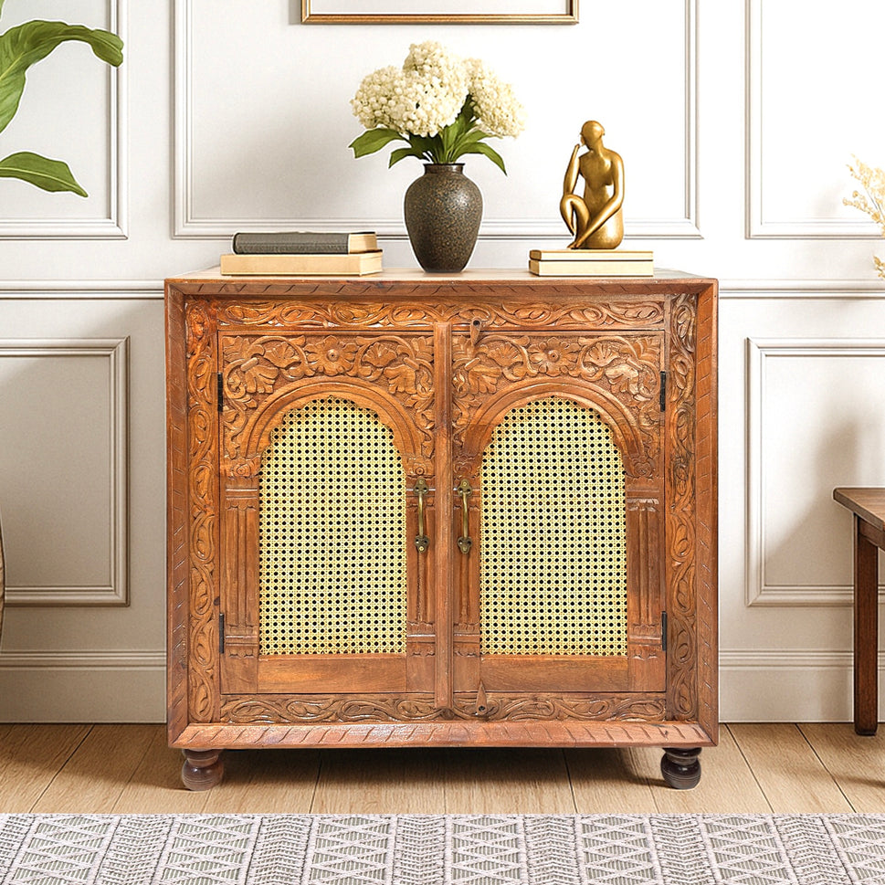 purewcood cane work sideboard with hand carving work