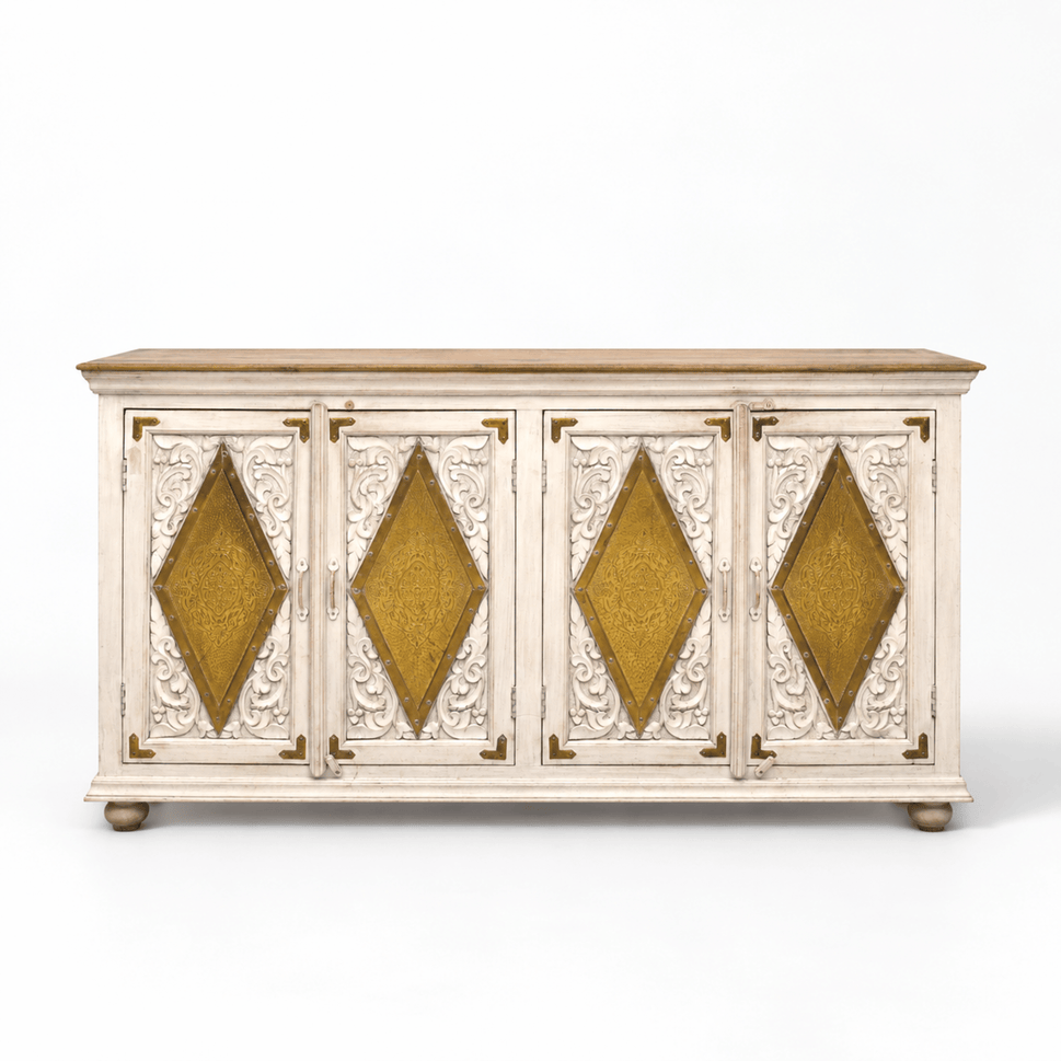 Aurelia Haveli Hand-Carved Solid Mango Wood Sideboard with Brass Inlay