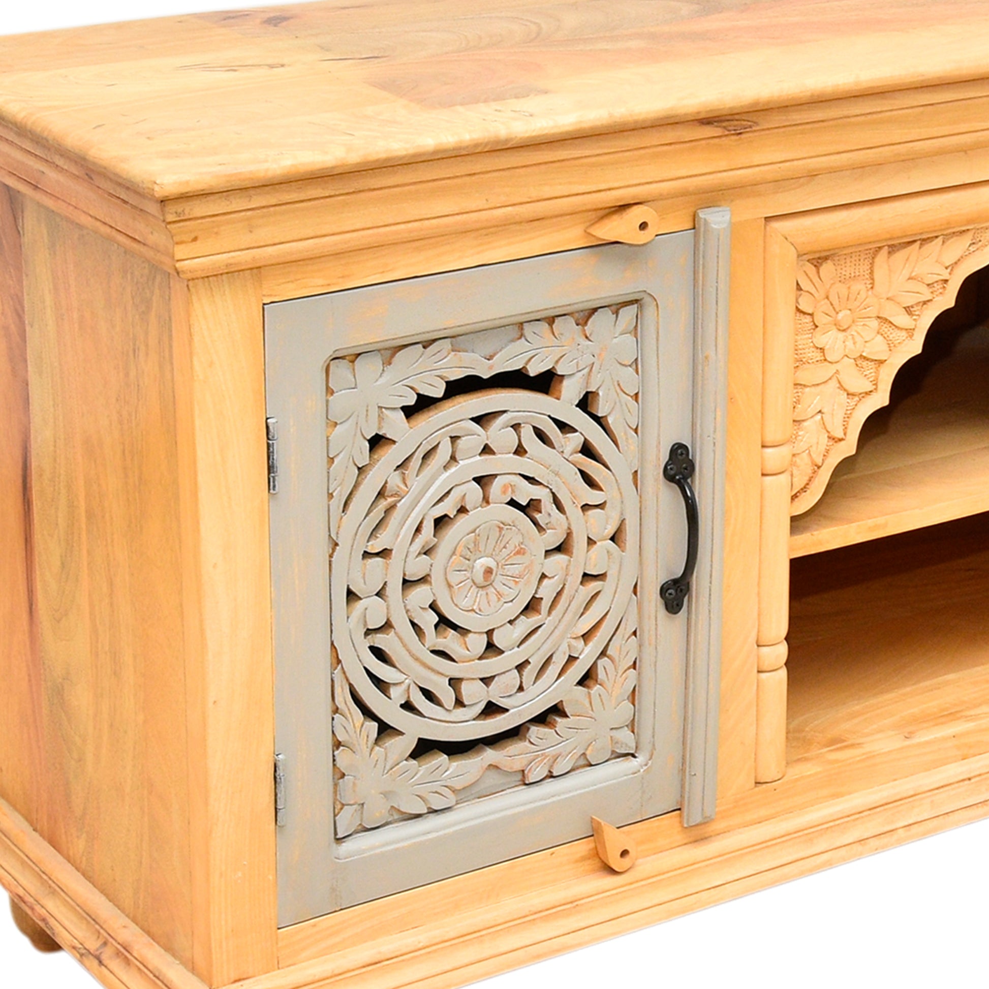 Elegant Wooden TV Stand with Carved Doors & Shelves UAE | Dubai