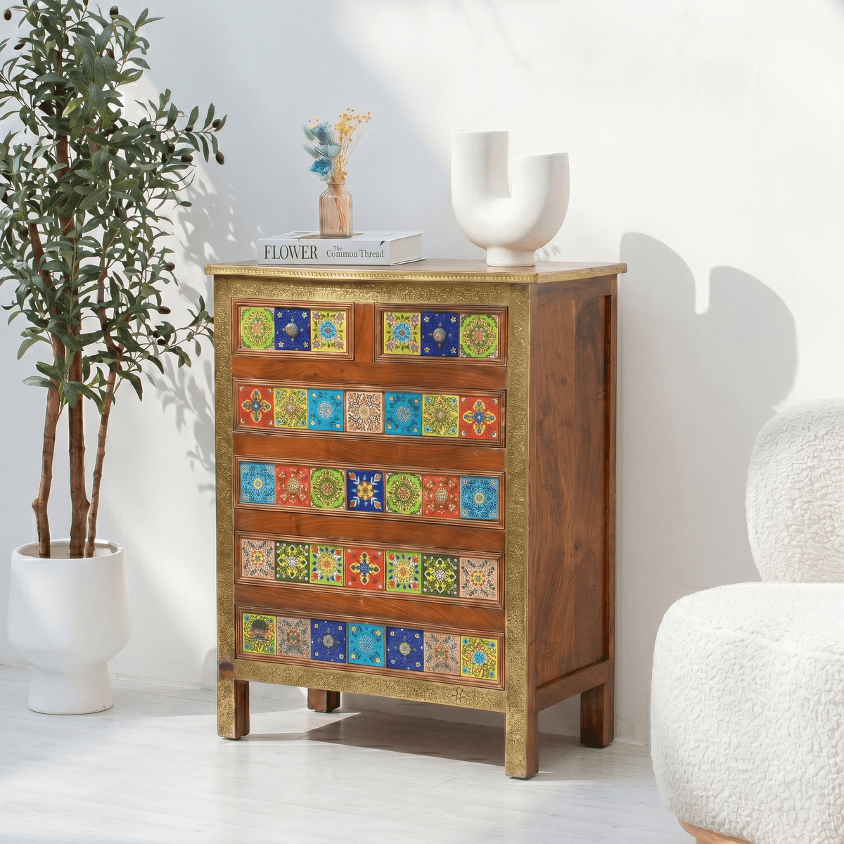 Wooden handicrafted chest of drawer with ceramics tiles | Marrakech Drawer Chest