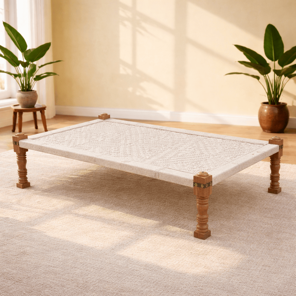 Wooden charpai with white cotton weaving with wooden frame