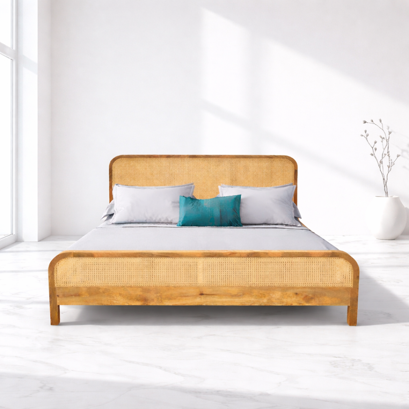 Premium handicrafted solid wood bed with bed side with rattan work