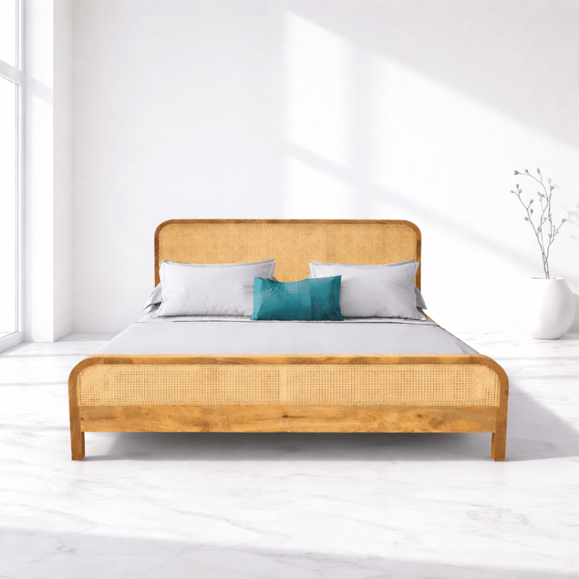 Premium handicrafted solid wood bed with bed side with rattan work