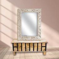 Hand Carved Solid Wood Mirror Frame with Cream Color Finish | UAE
