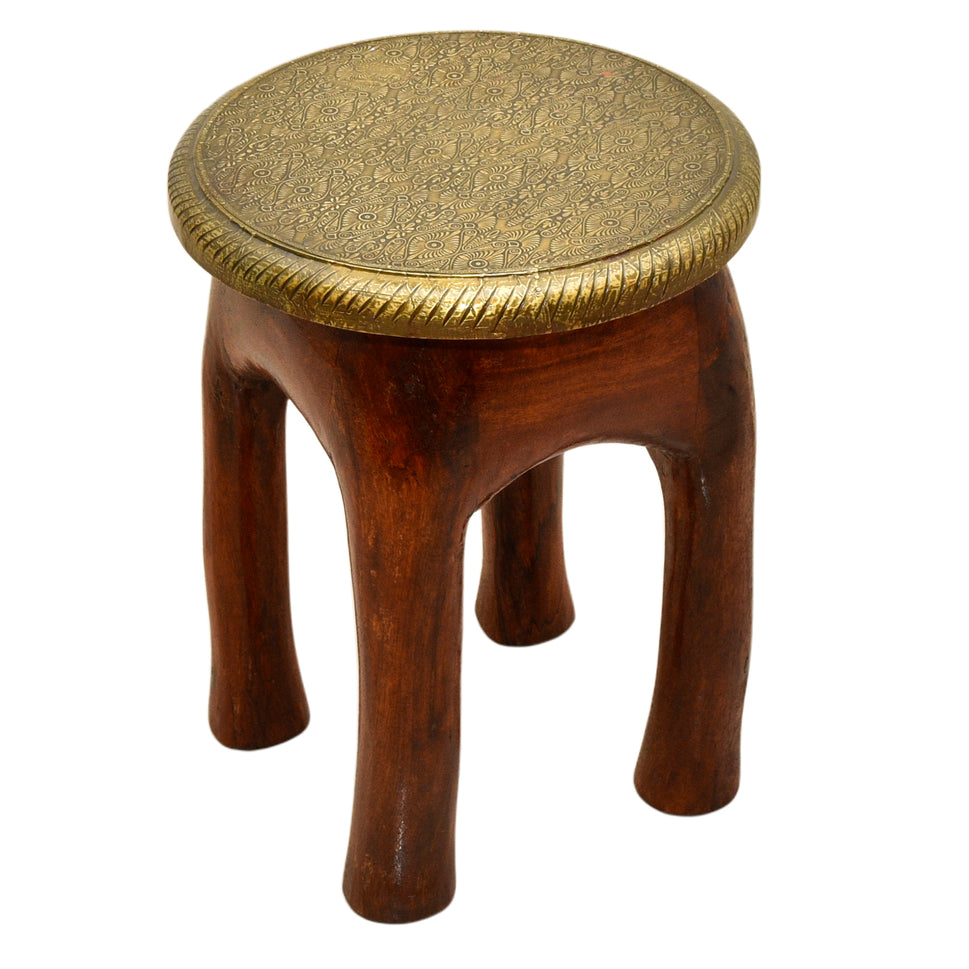 Handcrafted Brass Fitted Wooden Stool with Wood Color Finish | Dubai UAE