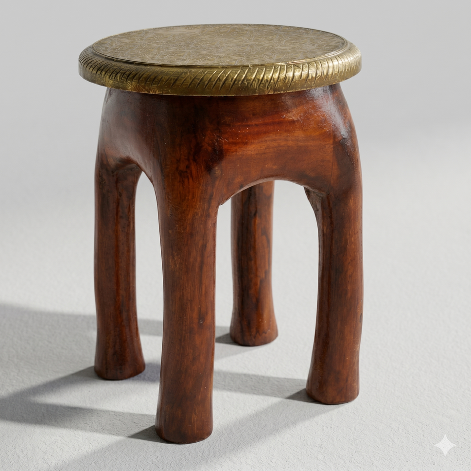 Handcrafted Brass Fitted Wooden Stool with Wood Color Finish | Dubai UAE
