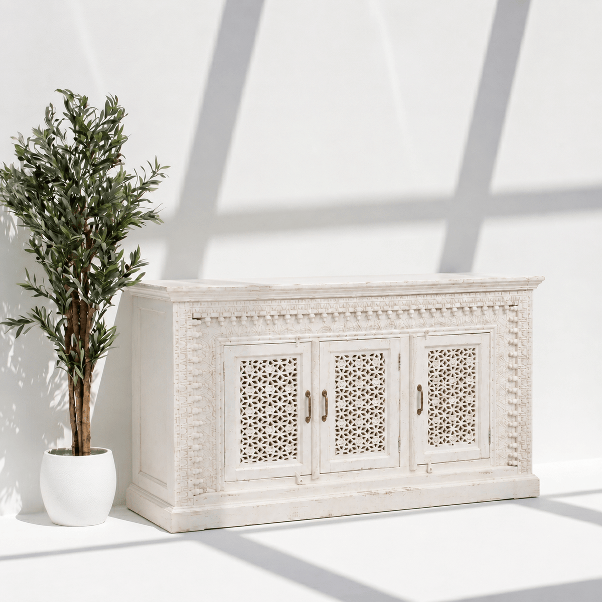 Vintage Style White Wooden Credenza with Lattice Panels