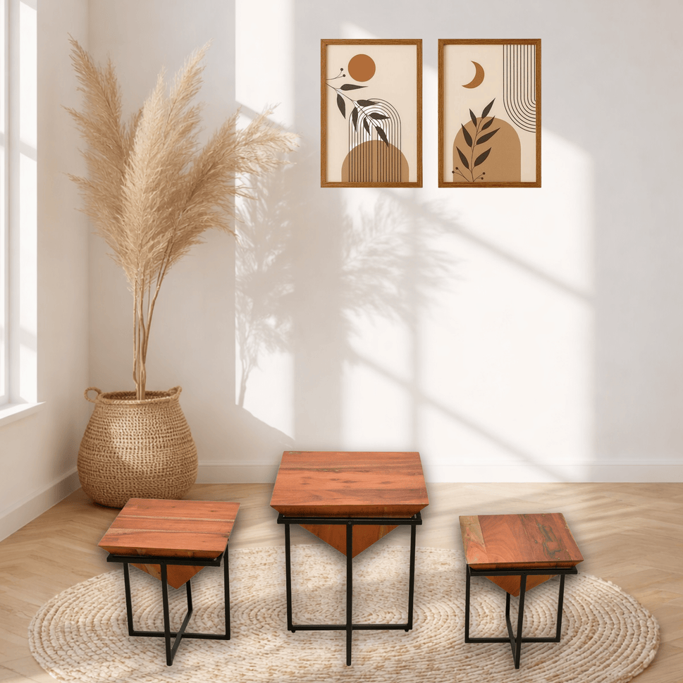 Metal Wood Pyramid Shape End Table set of 3 pcs with Honey Teak Finish | Dubai UAE