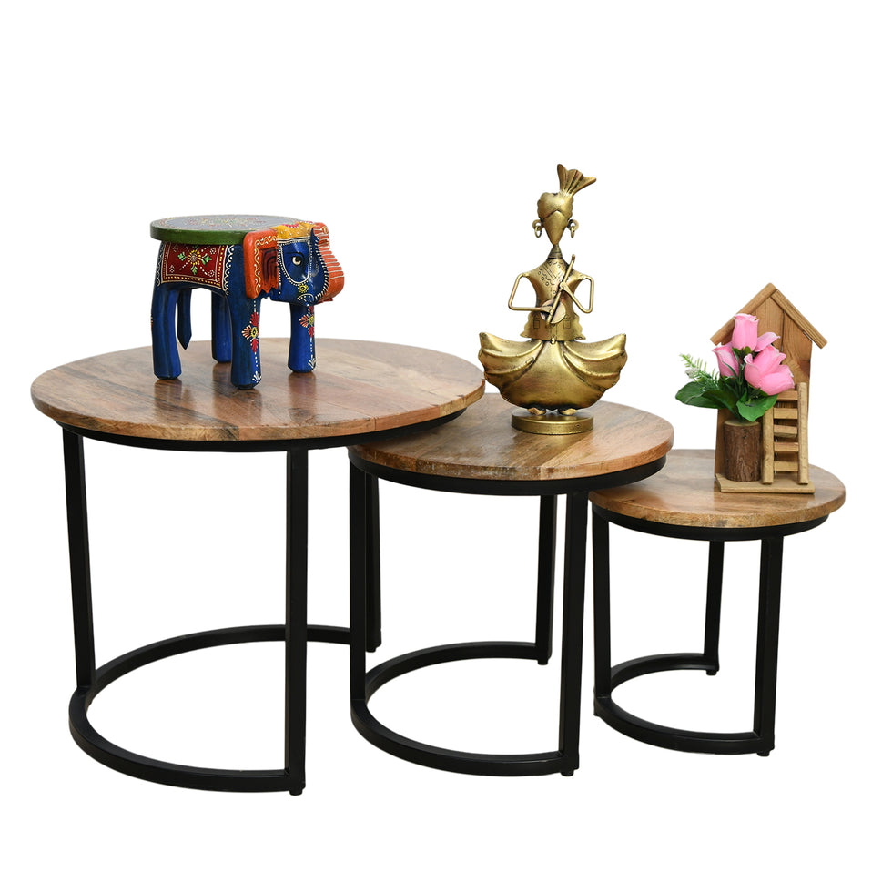 Round Nesting Table 3 Pieces Set with Wood Tops & Black Metal Frame | UAE
