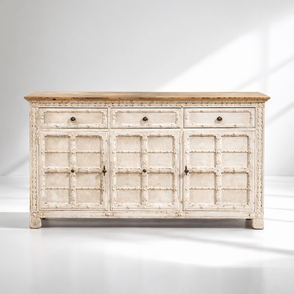 Indian solid wood sideboard with 4 doors with white rustic finish
