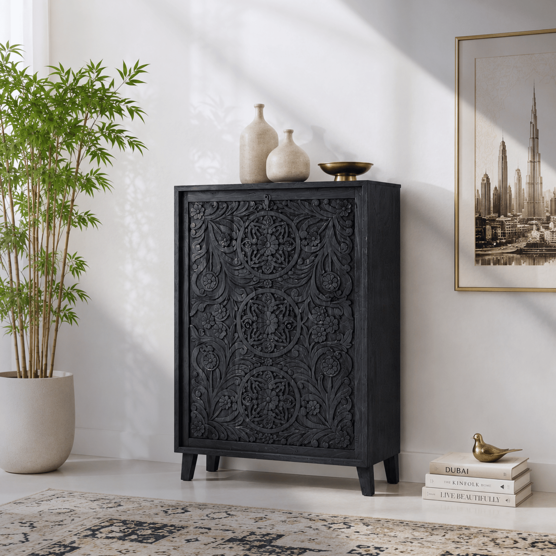 Elegant Hand Carved Mango Wood Accent Cabinet with natural wood finish