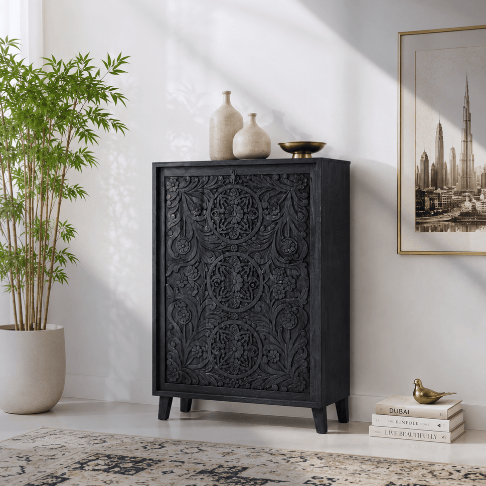 Elegant Hand Carved Mango Wood Accent Cabinet with natural wood finish