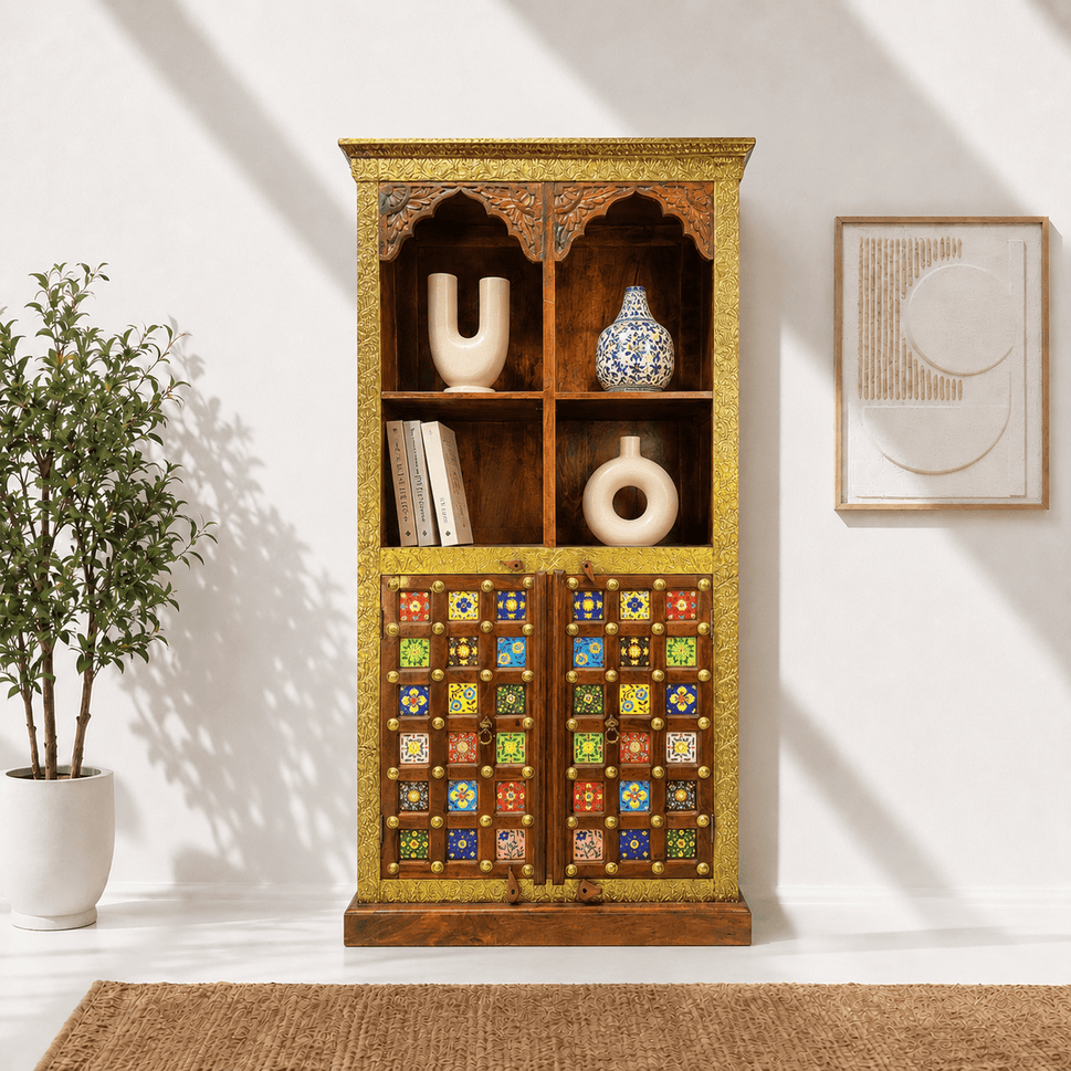 Solid wood ceramics tile fitted bookshelf with natural wood finish