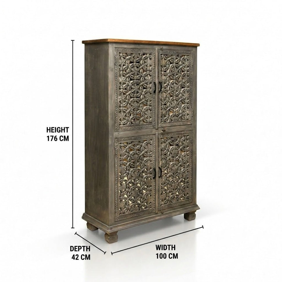 Premium Hand Cut Work hardwood storage Cabinet with antique finish