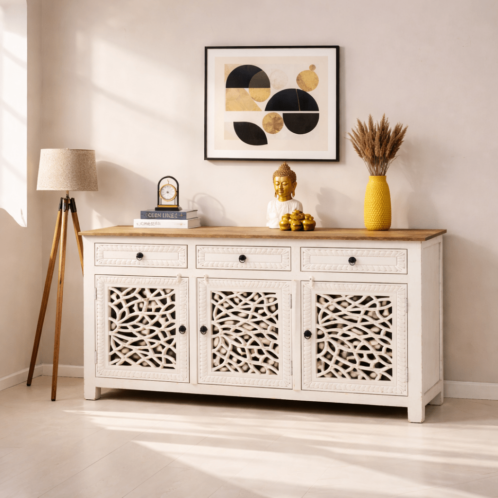 Elegant white wooden storage cabinet with decorative cutwork