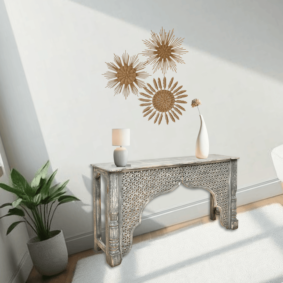 Rustic Carved Wooden Console Table with Moorish Arch Design