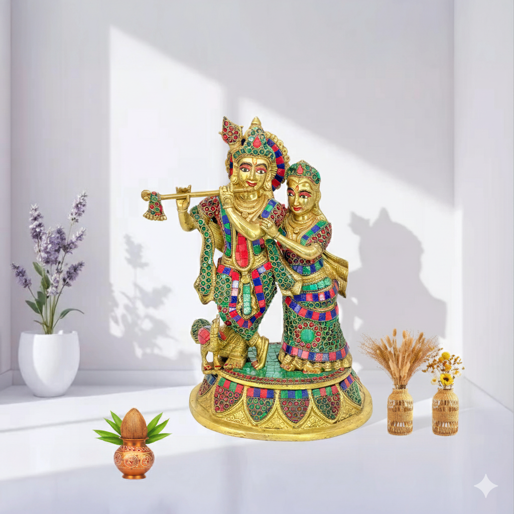 Brass Radha Krishna idol pair with stone work