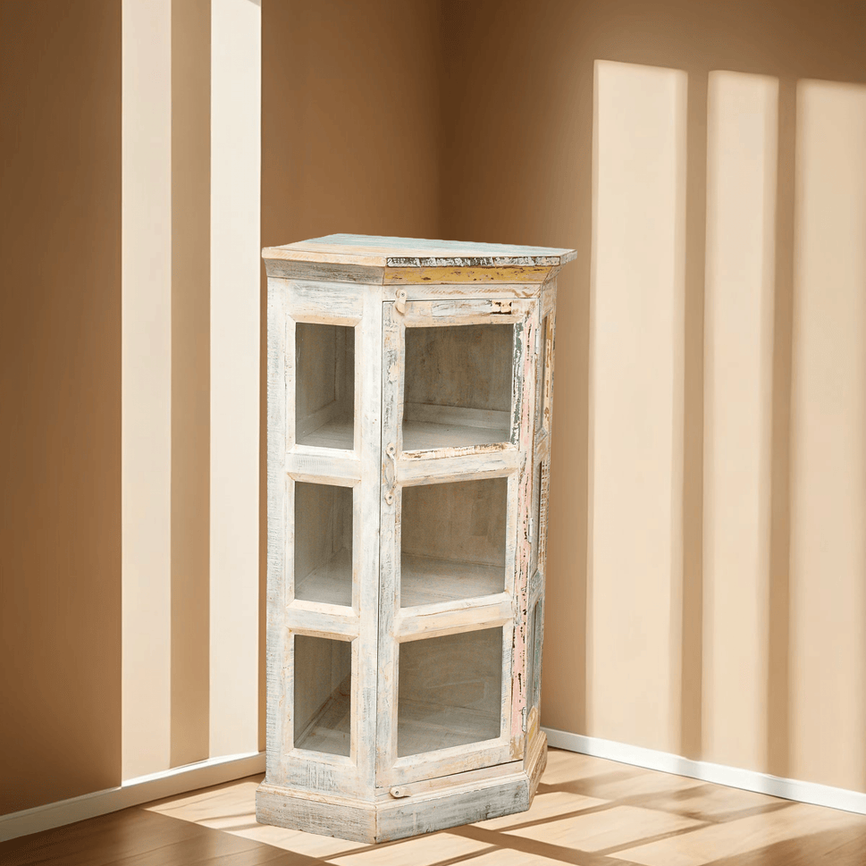 Farmhouse Corner Storage Cabinet – Distressed Display Shelf