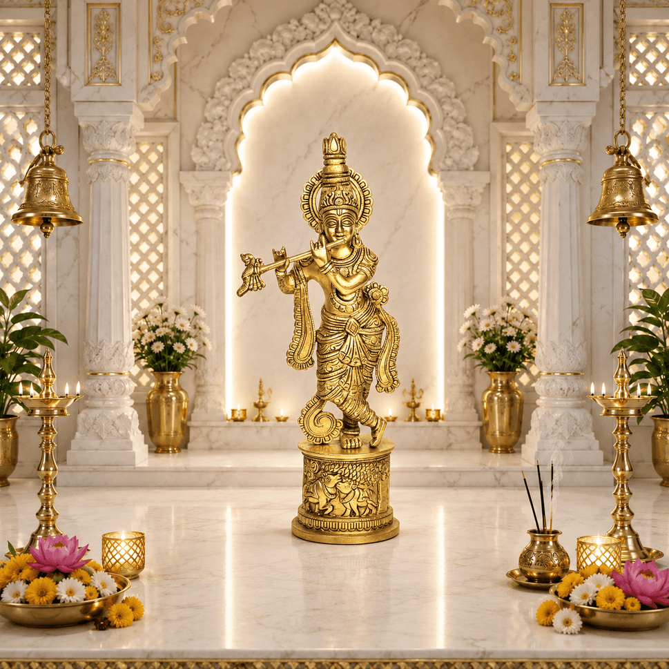 Divine Brass Krishna Flute Statue – Intricate Handmade Carving