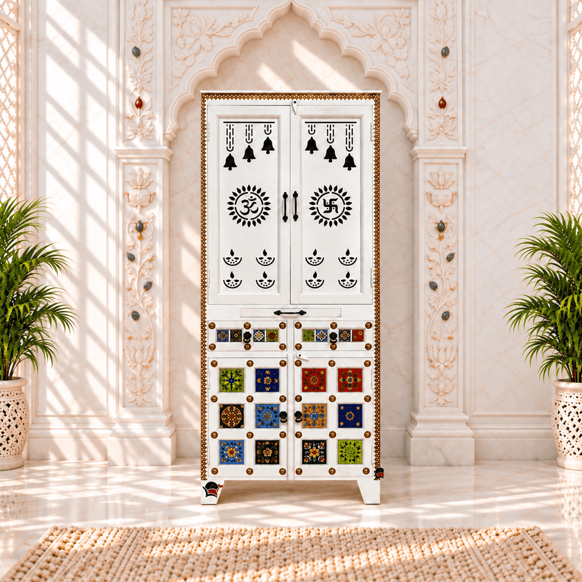 polished-white home mandir, white and brass temple cabinet, white temple with golden accents, colourful tile-work pooja mandir, ceramic tile-work wooden temple,