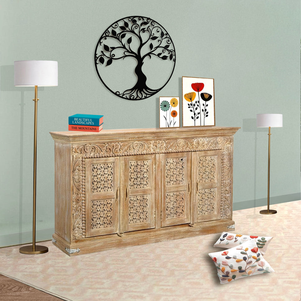 خزانة جانبية بأربعة أبواب مصنوعة يدوياً من خشب المانجو الصلب - وحدة تخزين ريفية