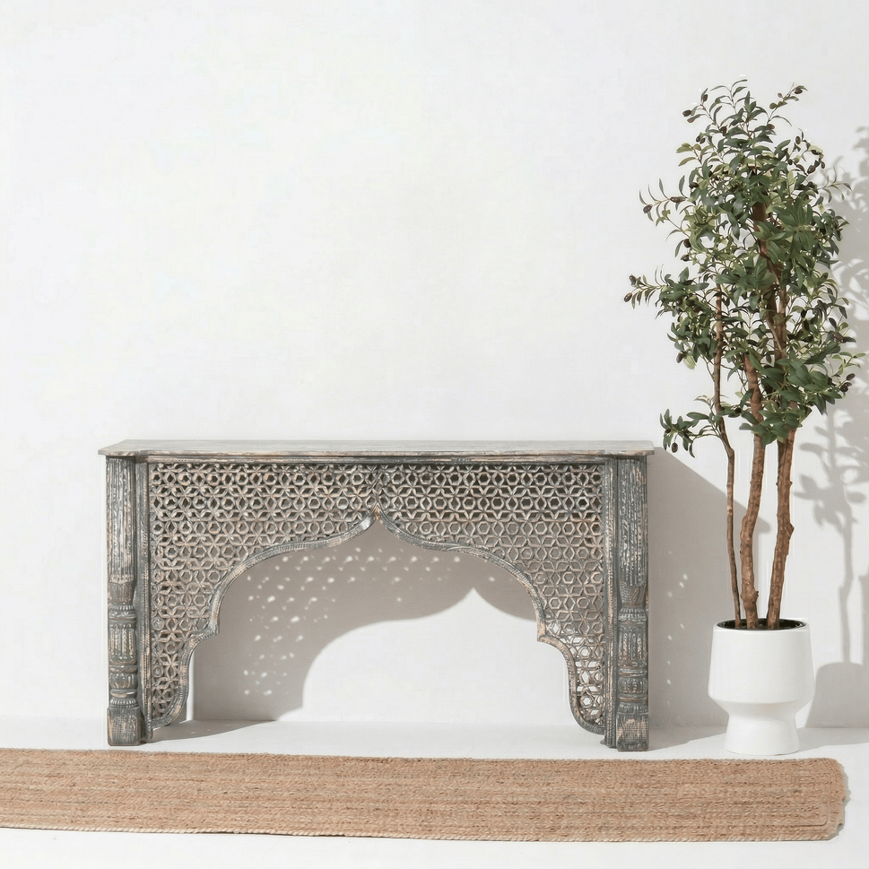 Rustic Carved Wooden Console Table with Moorish Arch Design