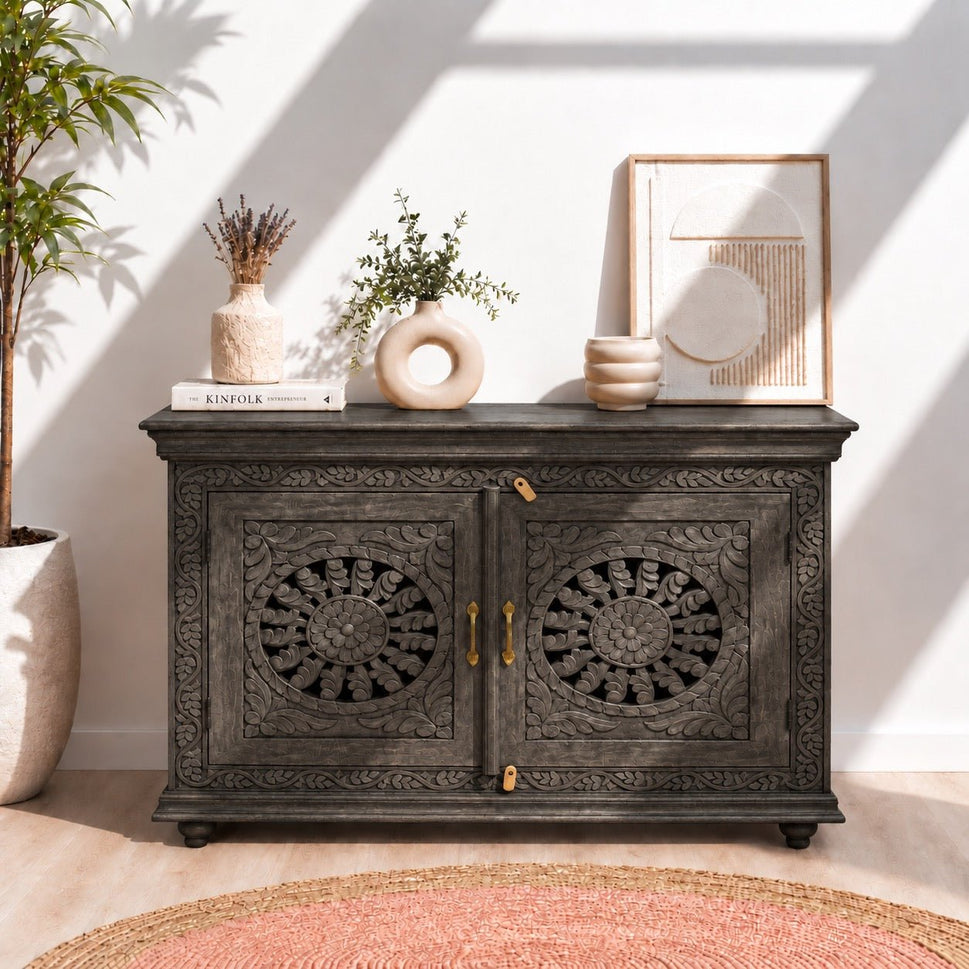 Unique Hand-Carved Mango Wood Sideboard for Villas and Homes